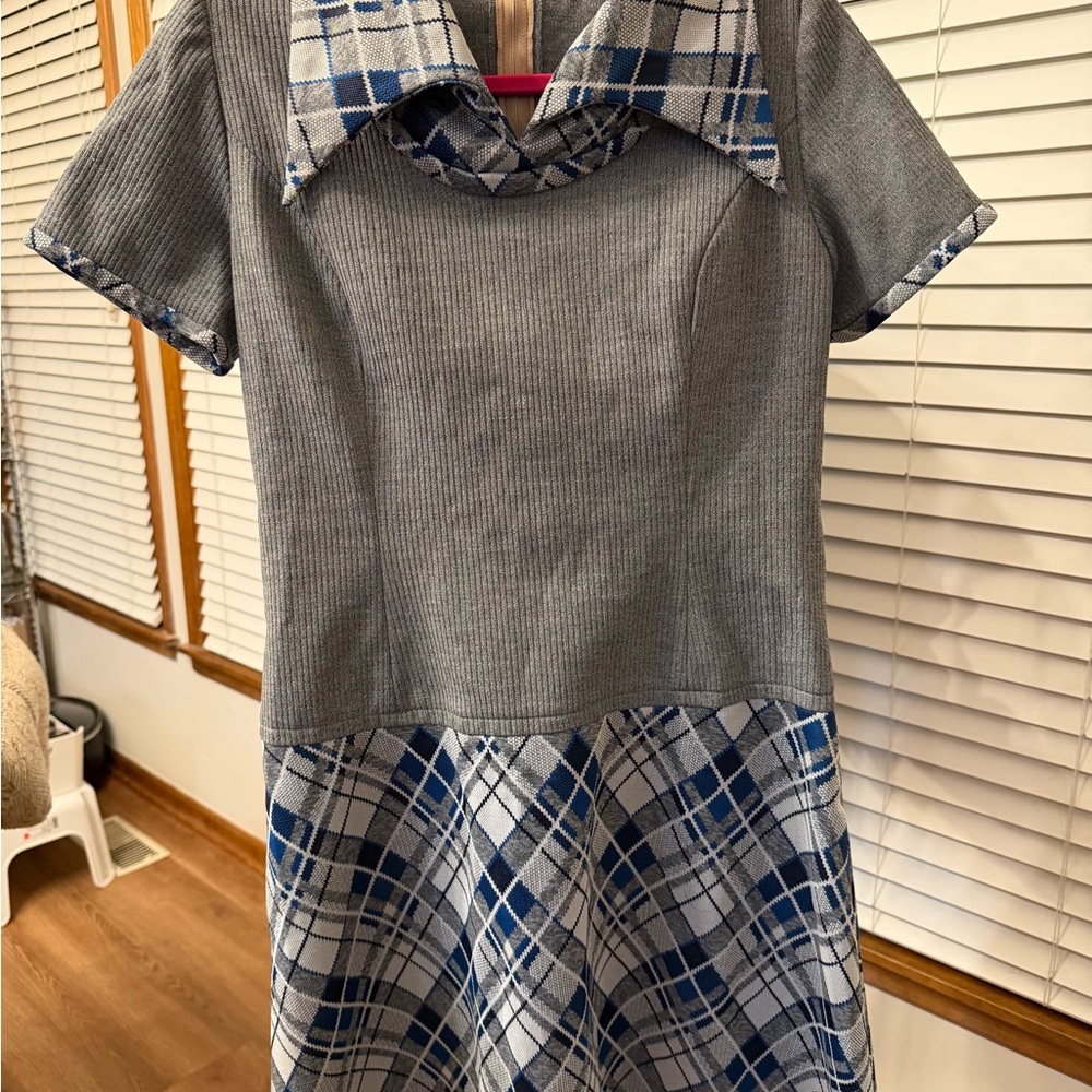 Vintage Malouf of Dallas Gray and Blue Plaid Dress with dagger collar